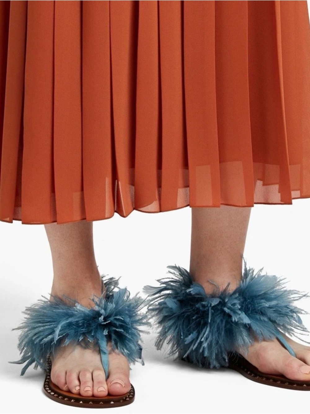 Valentino Garavani Teal Feather Flat Sandals EUR 38.5